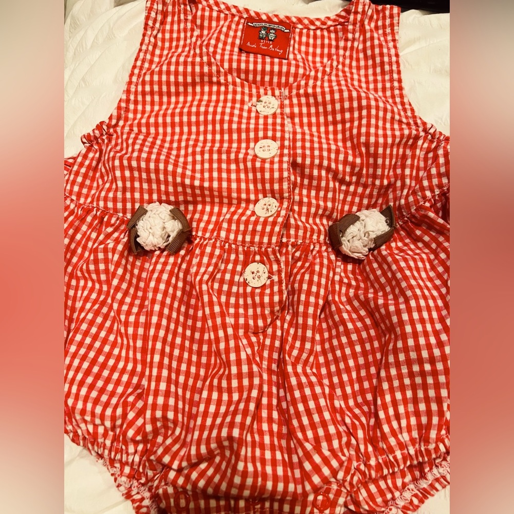 Alain Manoukian Red & White Gingham Baby Romper with Floral Buttons